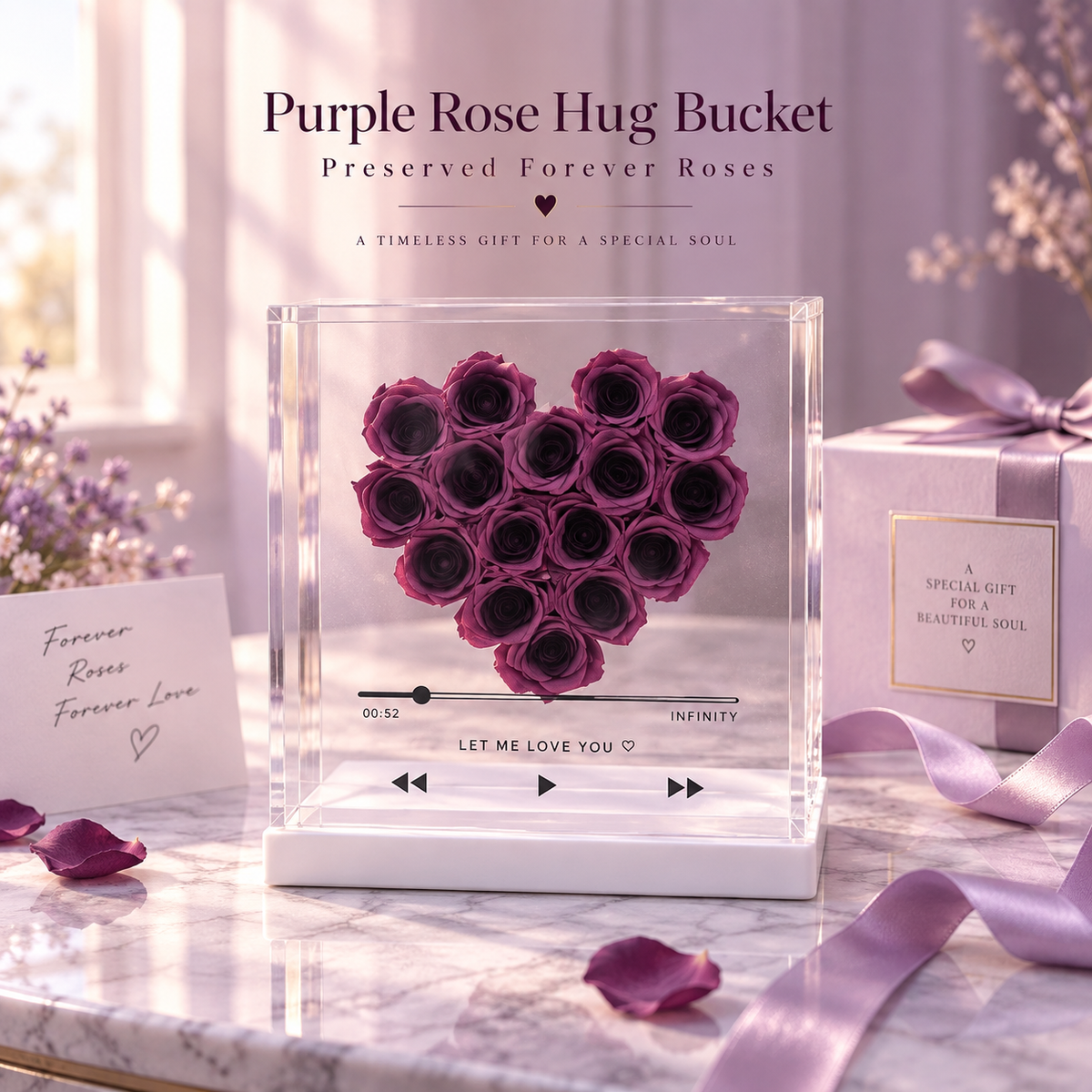 Purple Rose Hug Bucket – Preserved Forever Roses Luxury Gift