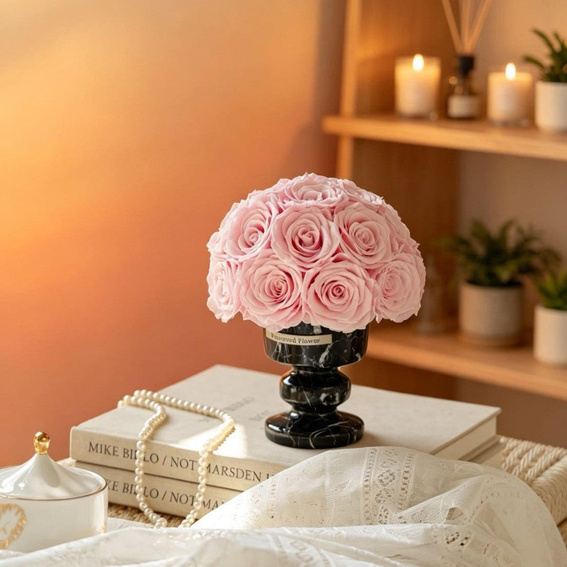 The pink marble rose vase is approximately 16cm wide and 21cm high. The gift box dimensions are 25.5×25.5×26cm (contains about 22 roses)